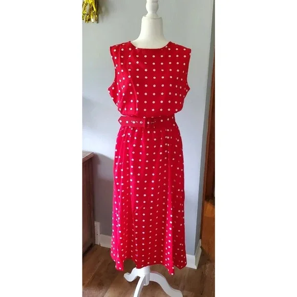 Vtg Blair Sz L Rockabilly Midi Dress Sleeveless Red White Polka Dot Long Belted - Picture 3 of 11